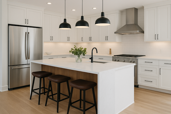 Remodeled kitchen with island, quartz counters and shaker cabinets in Palmdale