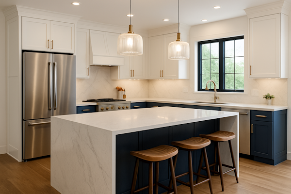 Remodeled kitchen with island, quartz counters and shaker cabinets in Burbank